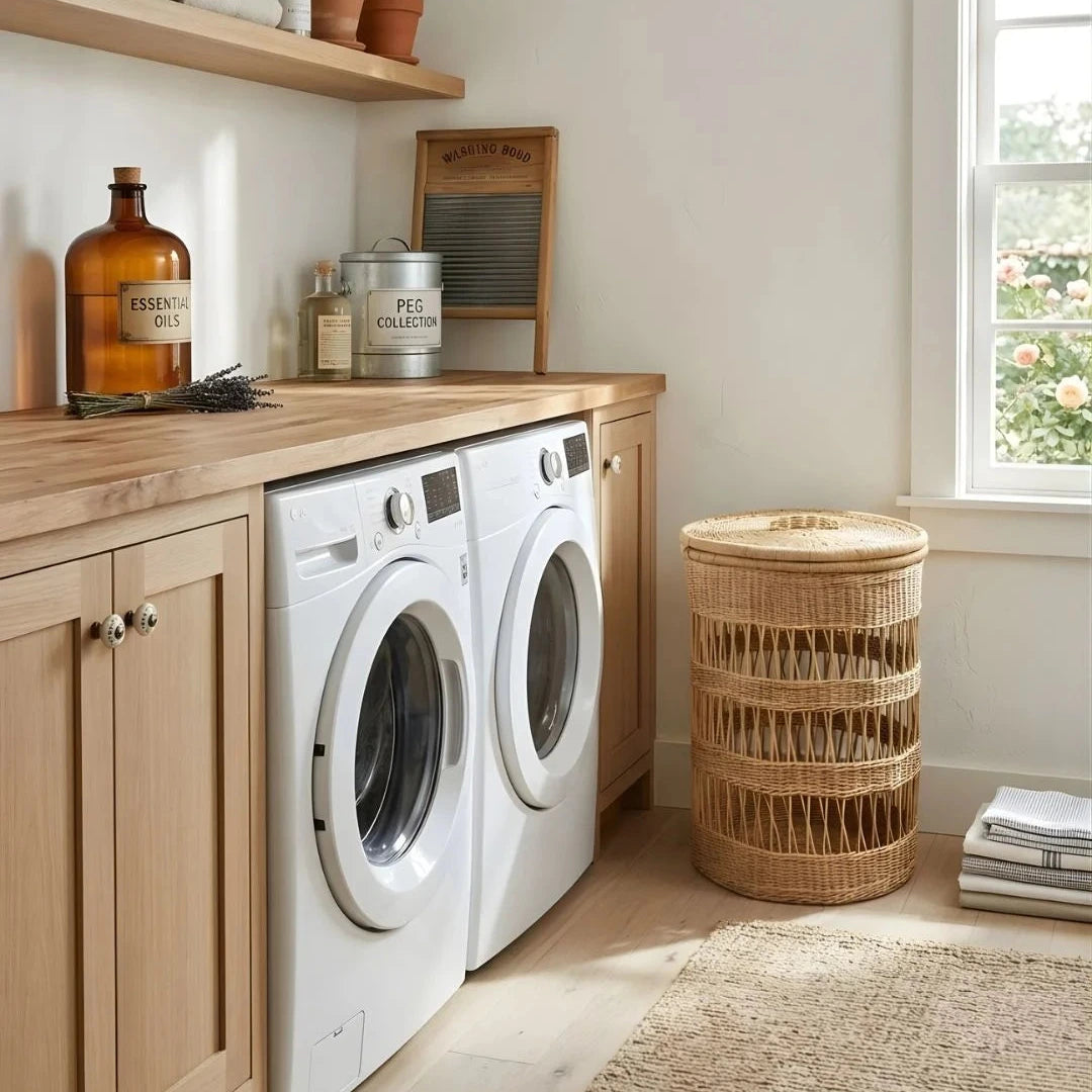 Laundry featuring Sun Republic woven cane laundry basket.