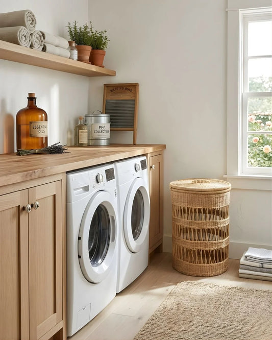 Laundry featuring Sun Republic woven cane laundry basket.