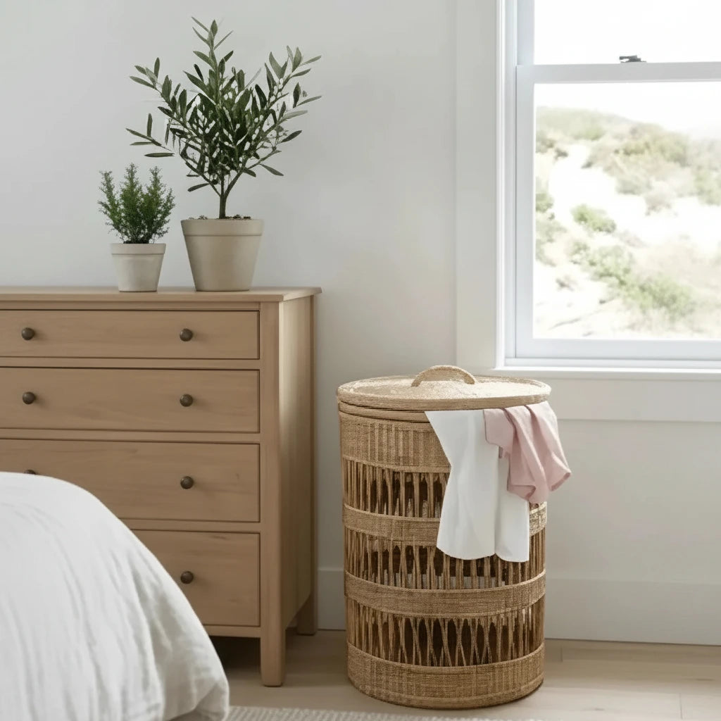 Woven Cane laundry basket with clothes next to a wooden dresser in a room with a window.