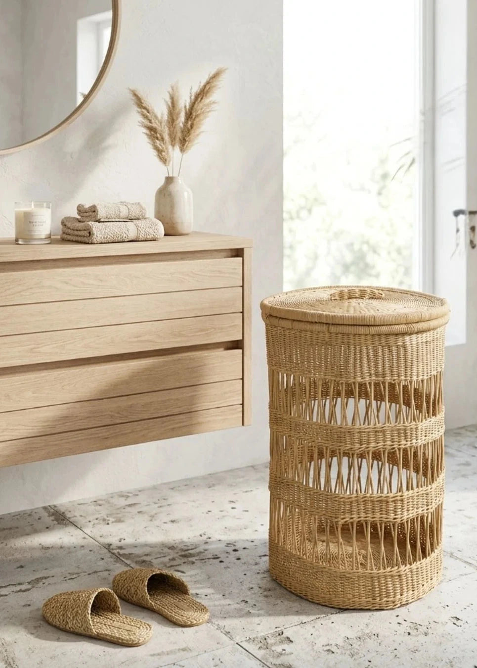 Bathroom with wooden vanity, wicker basket, and slippers on a light stone floor.