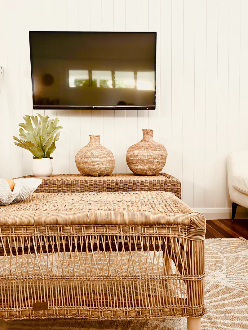 Traditional Open-Weave Coffee Table / Bench – Handwoven Cane