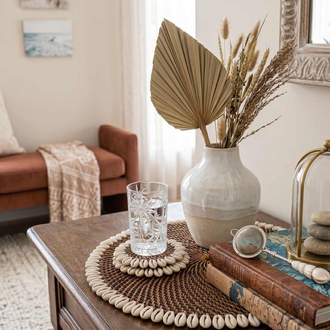 Decorative setting on a coffee table with a vase, glass, and books in a living room.