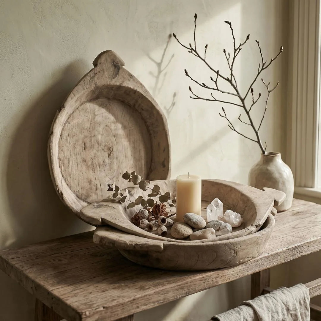 Decorative setting with wooden bowls, candle, stones, and branches on a wooden surface.