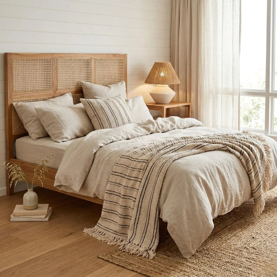 Neatly made bed with beige bedding and wooden headboard in a bright bedroom.