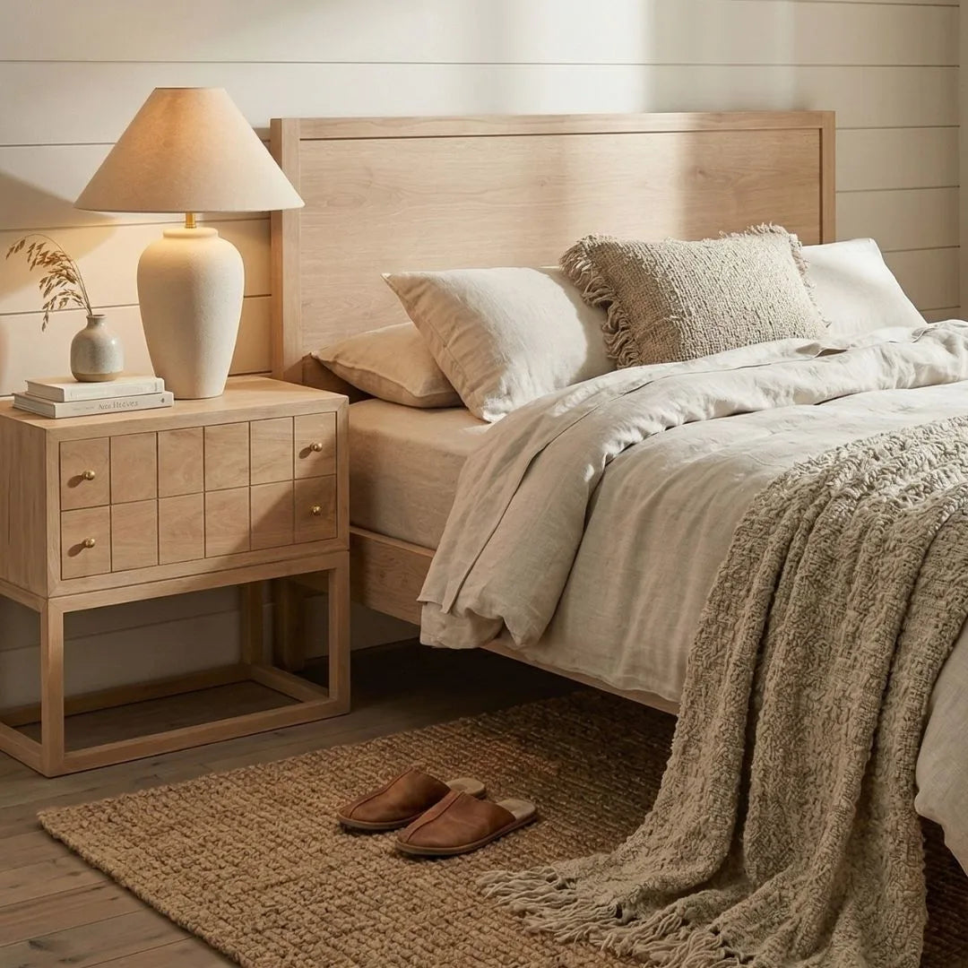 Neatly made bed with wooden headboard and nightstand in a bedroom setting.
