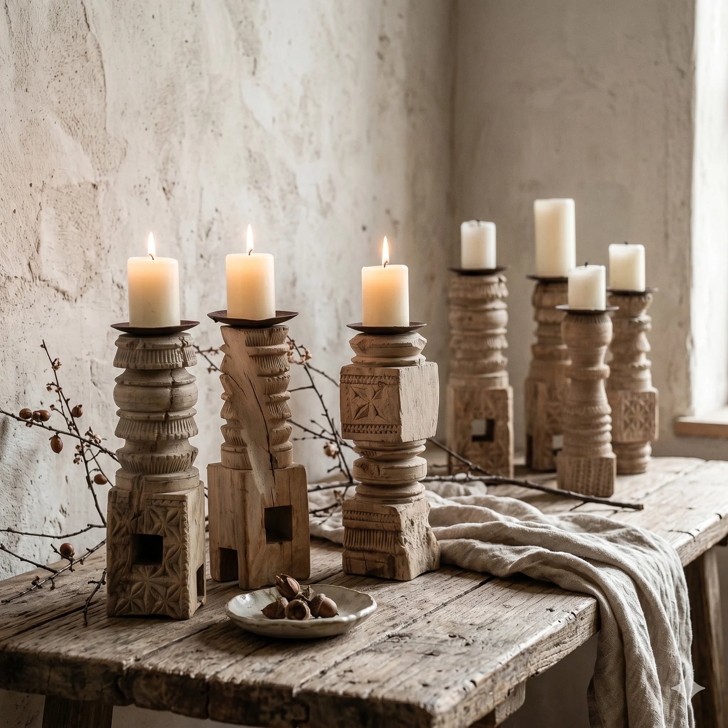 Wooden candle holders with candles on a rustic wooden table.