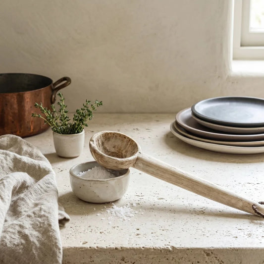 Wooden ladle on a stone surface with a pot, plates, and plant in the background.