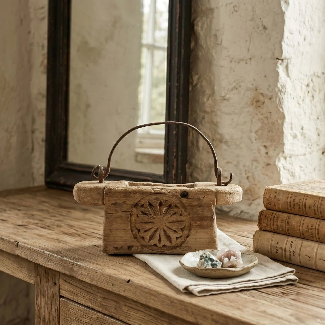 Wooden vintage Indian Oil pot with handle on a bench, with books and decorative items in the background.