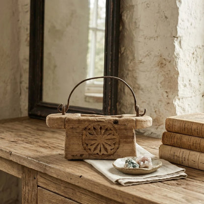 Wooden vintage Indian Oil pot with handle on a bench, with books and decorative items in the background.