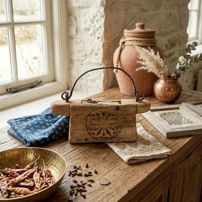 Wooden box with intricate design on a rustic wooden table near a window.