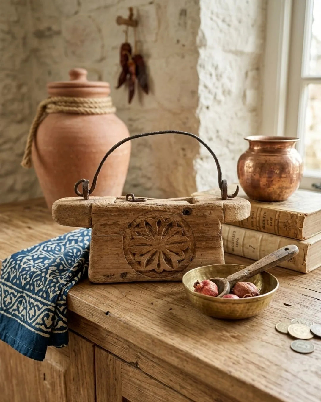 Vintage Indian Carved Oil Pot