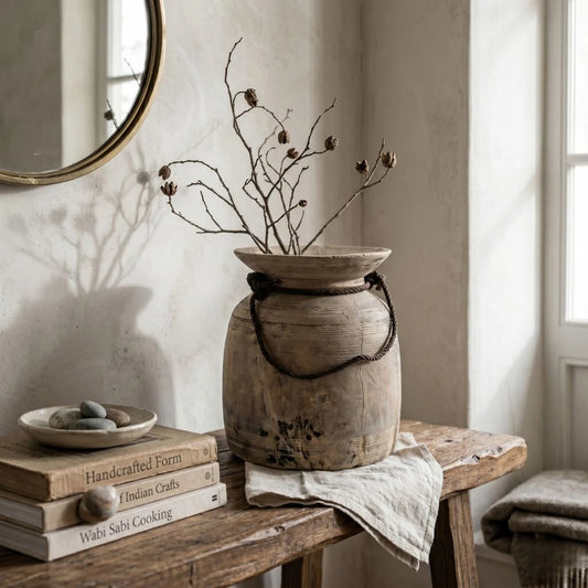 Wooden vase with dried branches on a wooden table with books and a mirror in the background
