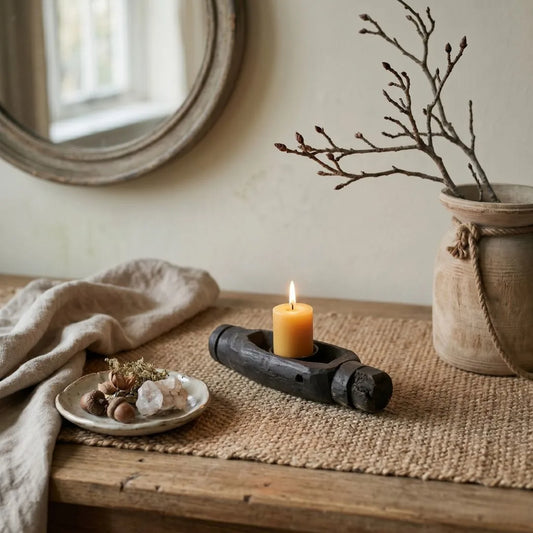 Candle on a wooden table with decorative elements and a mirror in the background