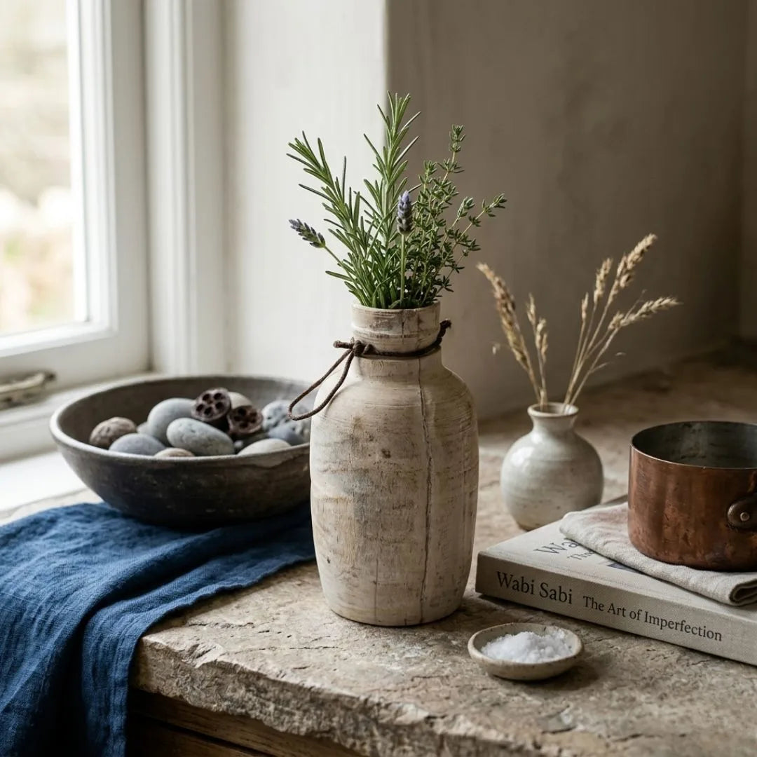 Decorative setting with a vase of plants, books, and a bowl on a wooden surface.