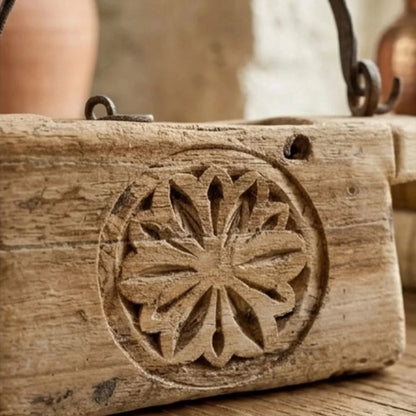 Wooden stamp with floral design on a wooden surface