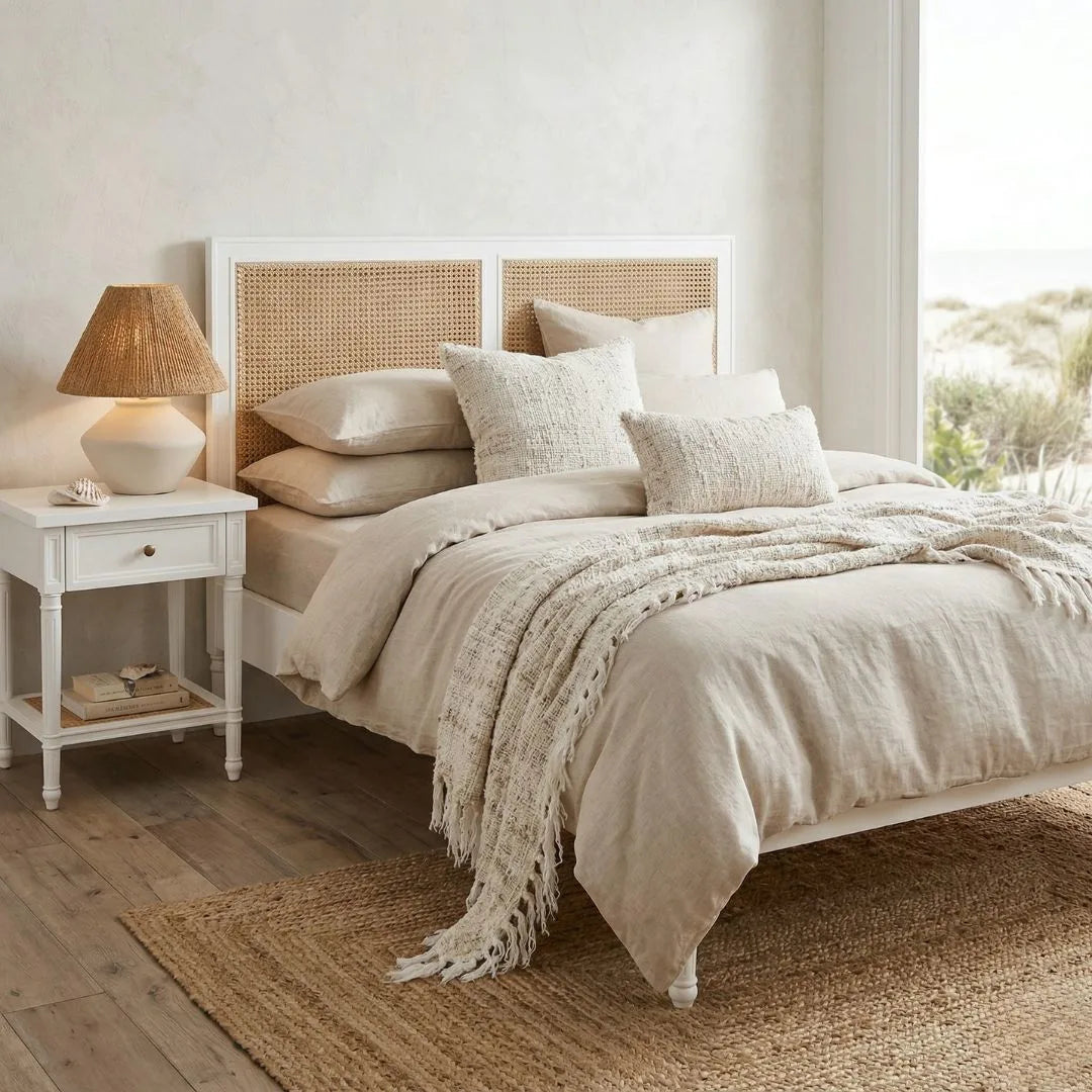 Neatly made bed with beige bedding in a bedroom setting.