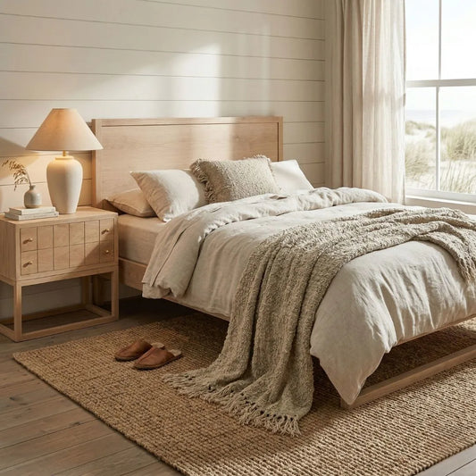 American Oak bedside table nightstand in a modern bedroom 