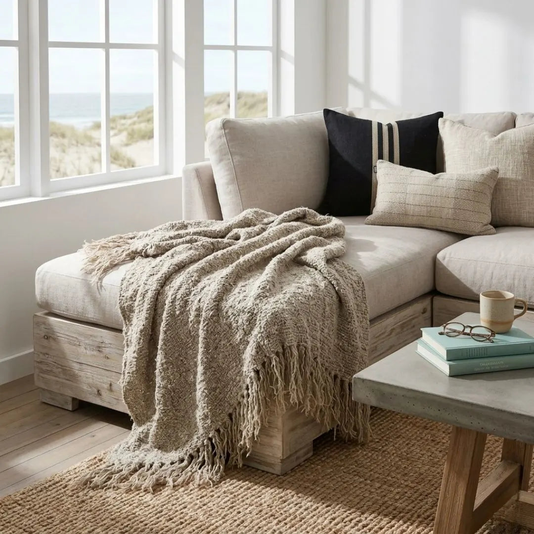 Cozy living room with a beige sectional sofa, throw blanket, and coffee table.