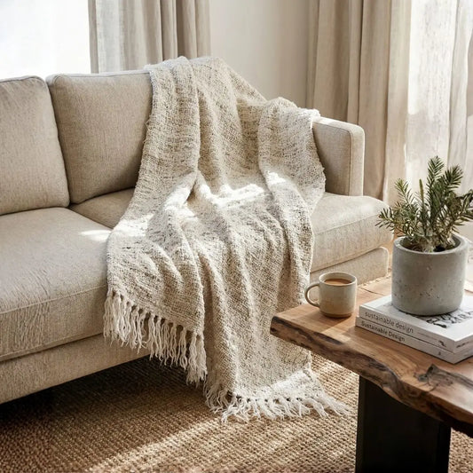 Wabi Textured Linen Throw in Ivory
