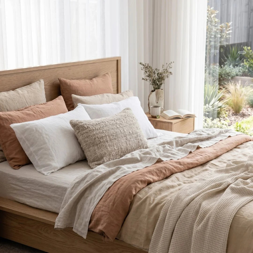 Neatly made bed with pillows and blankets in a bright bedroom.