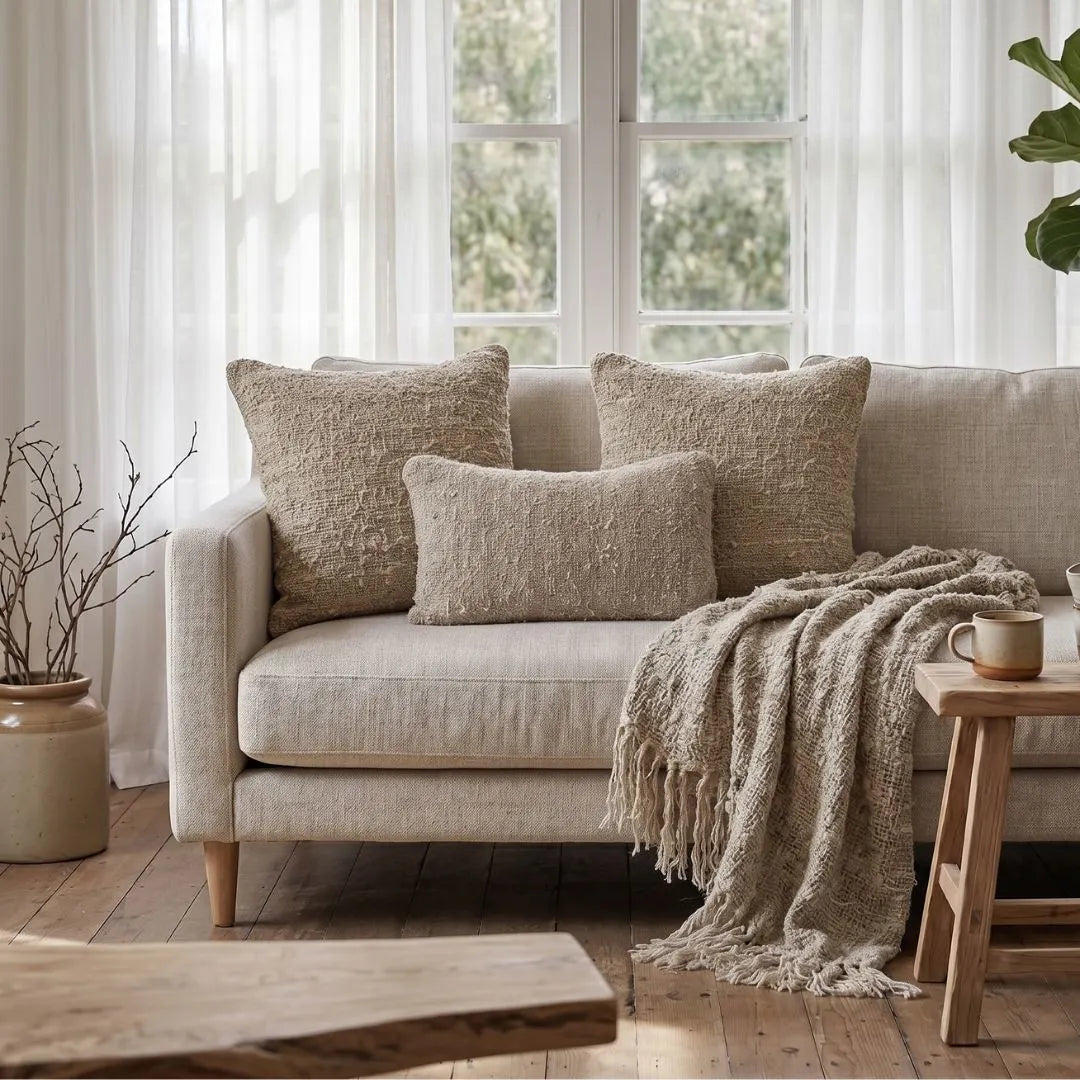 Beige sofa with cushions and a blanket in a bright living room
