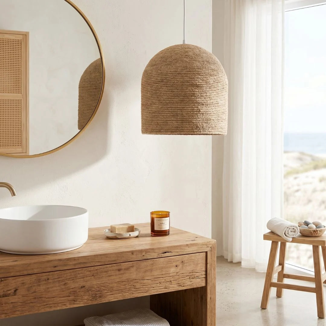Bathroom interior with wooden vanity, round mirror, and woven pendant light.