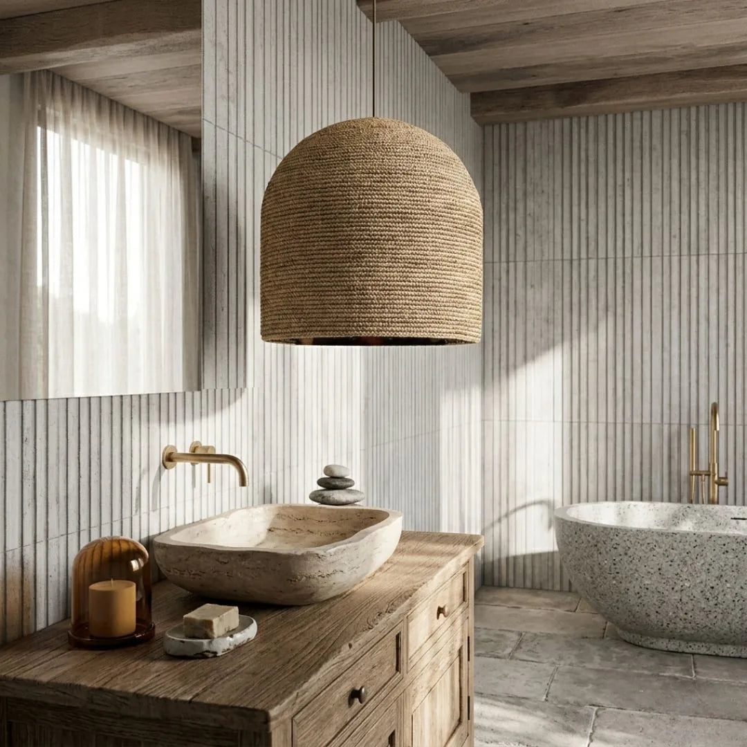 Bathroom with wooden vanity, stone sink, and wicker pendant light.