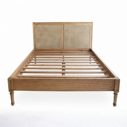 Wooden bed frame with woven backrest on a white background