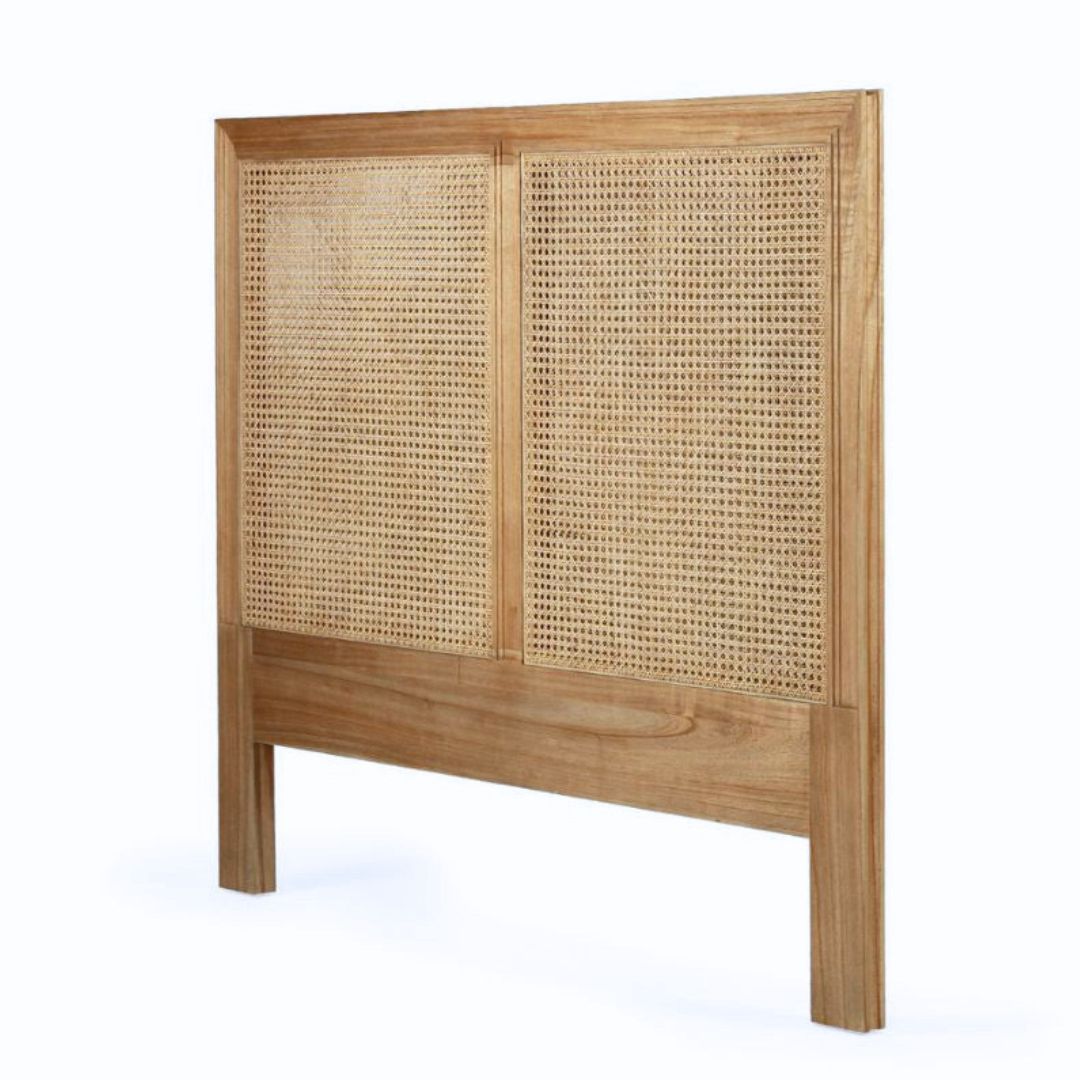Wooden headboard with woven design on a white background
