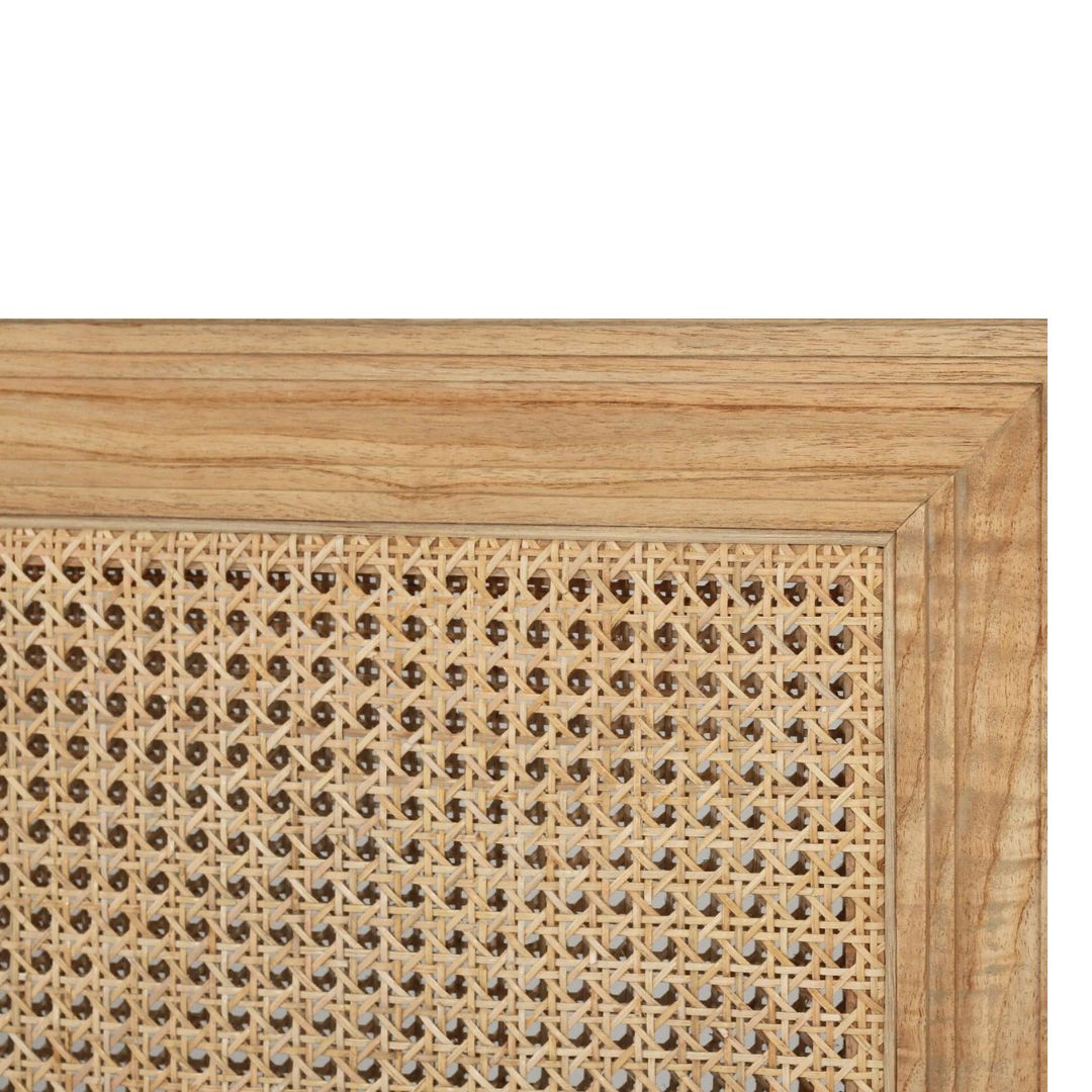 Close-up of a wooden frame with a woven mat design on a white background