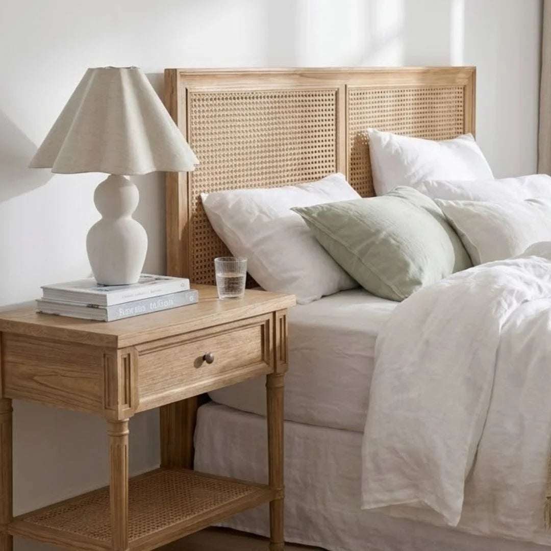 Bedroom with wooden nightstand, lamp, and bed with white bedding and green pillow.