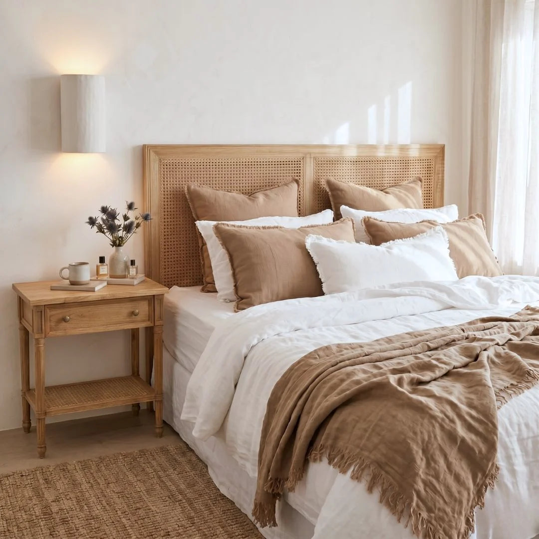 Bedroom with wooden headboard, white bedding, and brown throw blanket.