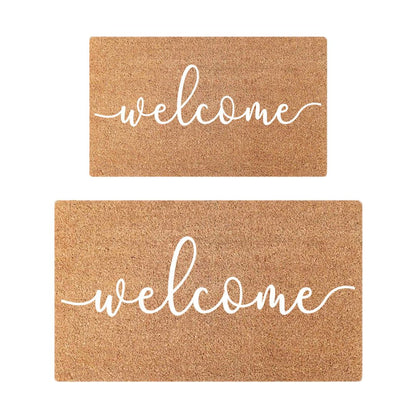 Two brown doormats with 'welcome' text on a white background