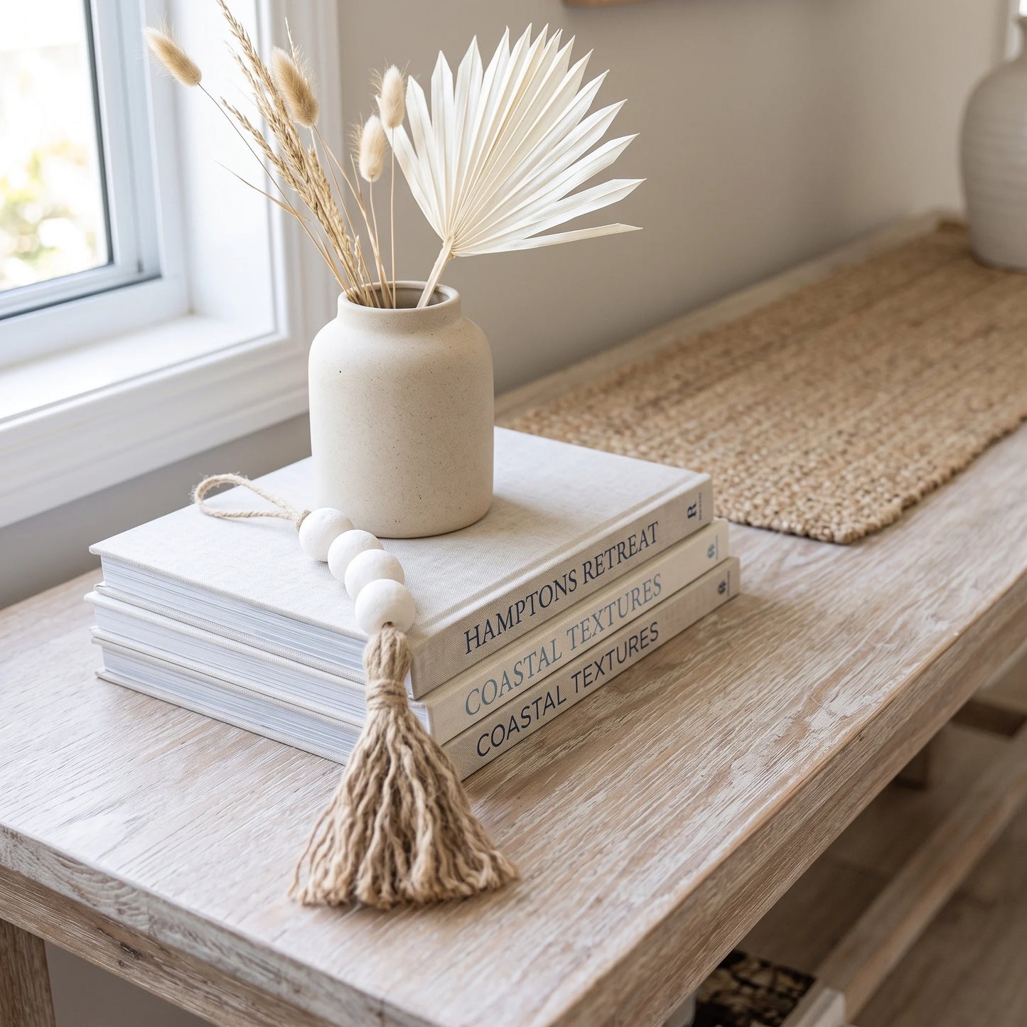 A beige ceramic vase filled with dried palm and bunny tail grass stems sits on a stack of white books on a light wood console table. A white beaded tassel garland rests across the books, and a woven runner is visible in the background near a window.