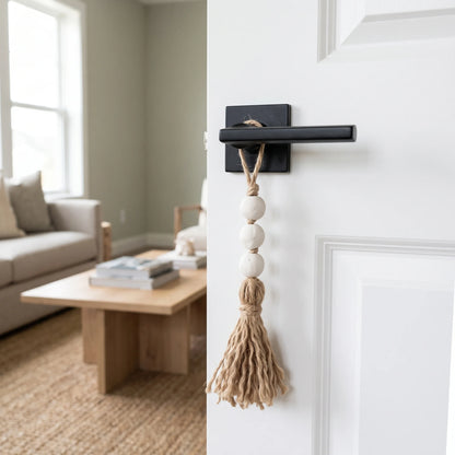 A black metal door stopper with a natural jute rope and white wooden beads hanging from it, attached to a black handle on a white door in a bright, modern living room.
