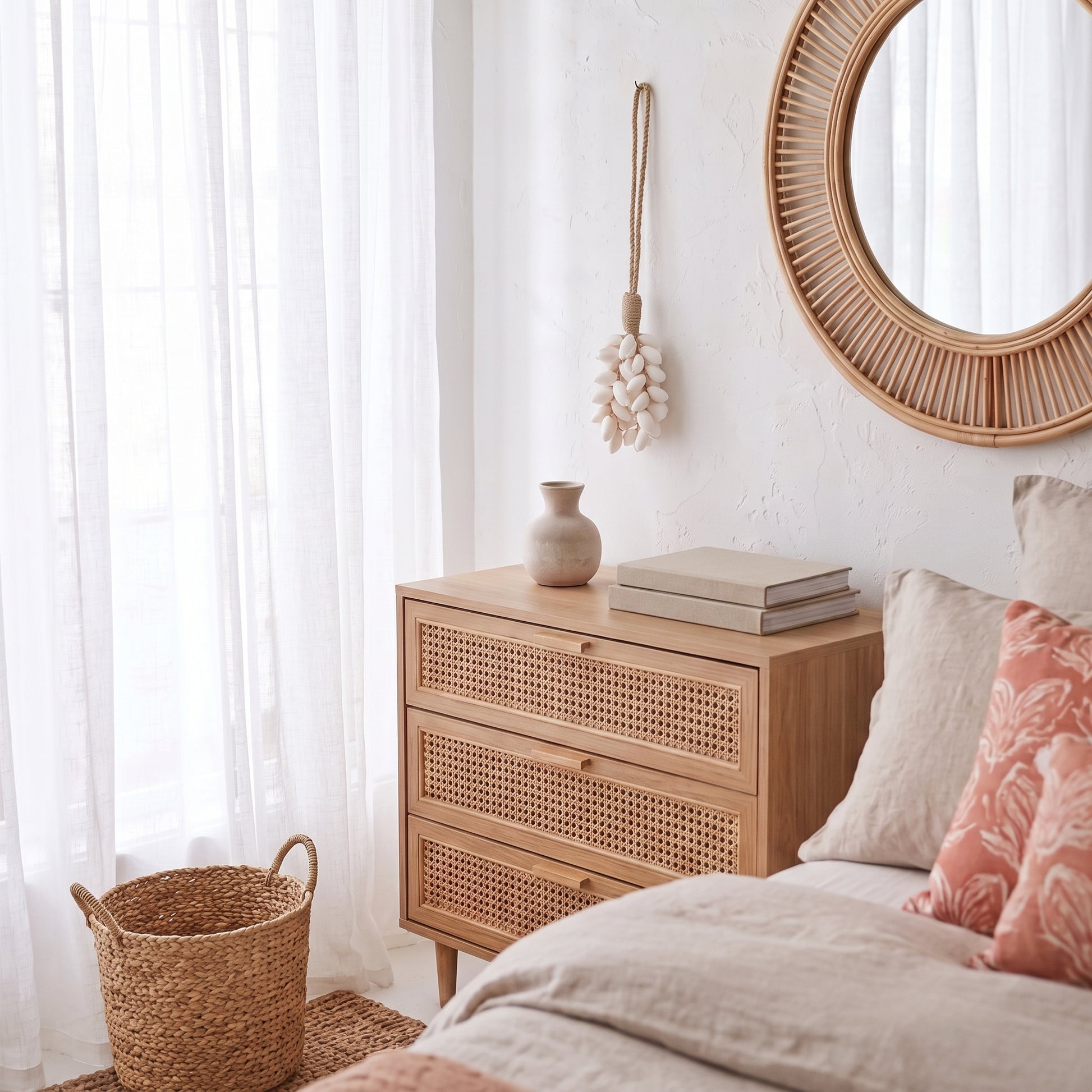A warm-toned bedroom scene featuring a light wood three-drawer nightstand with woven cane panels, styled with a small vase, books, and a wicker basket near a bed with neutral linens and pink floral pillows.