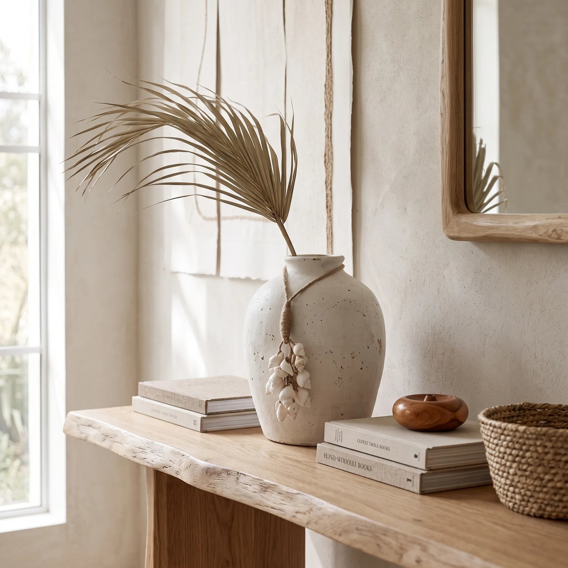 A beige ceramic vase with a decorative shell-like vine detail, holding a dried palm frond, styled on a light wood console table with books, a small wooden bowl, and a woven basket in a softly lit interior.
