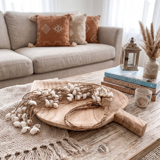 A rustic wooden paddle-shaped serving board styled on a weathered wood coffee table in a bright, modern living room. The board is decorated with white seashells and dried grass, next to a stack of books and a small ceramic shell cup.