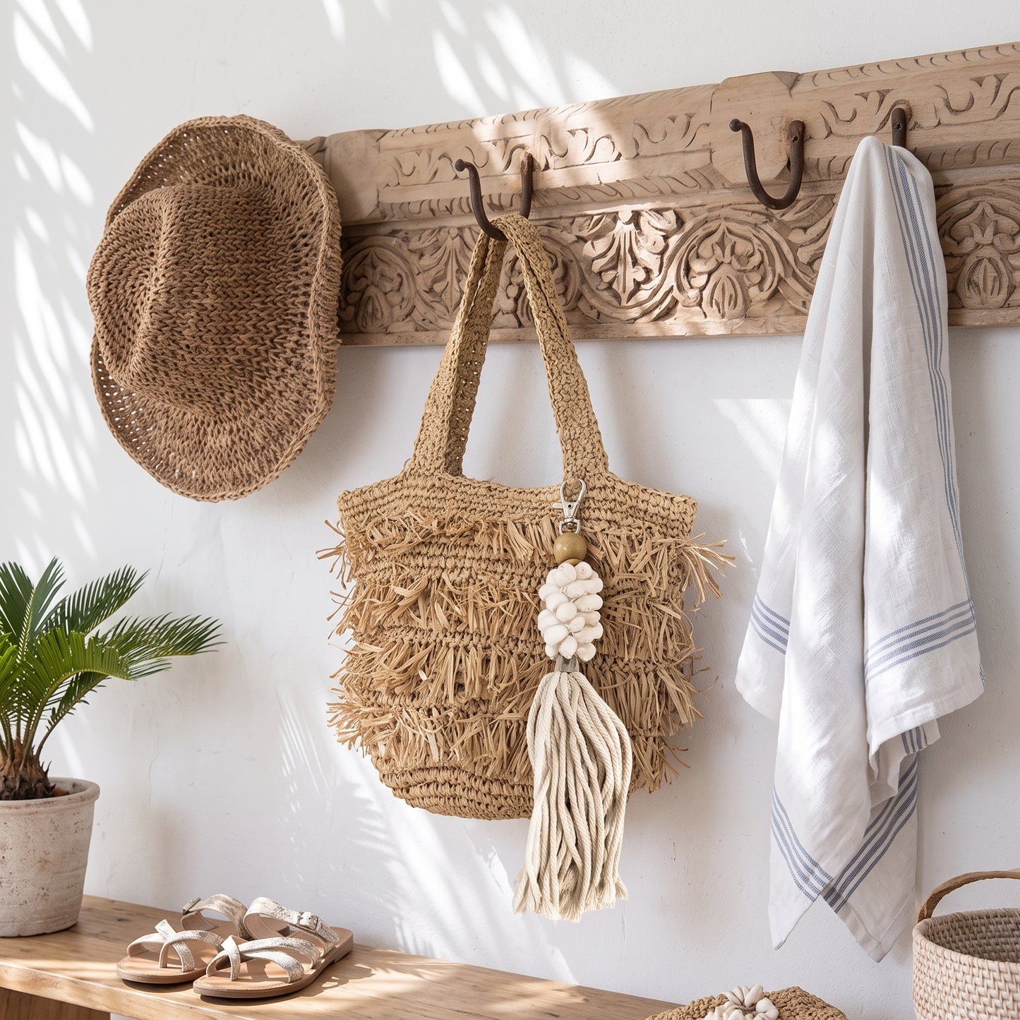 A natural woven straw tote bag with fringe and a tassel hangs from a carved wooden wall rack. A matching straw hat is hanging on the left, a white towel with blue stripes hangs on the right, and a small potted plant and sandals sit on a wooden bench below.
