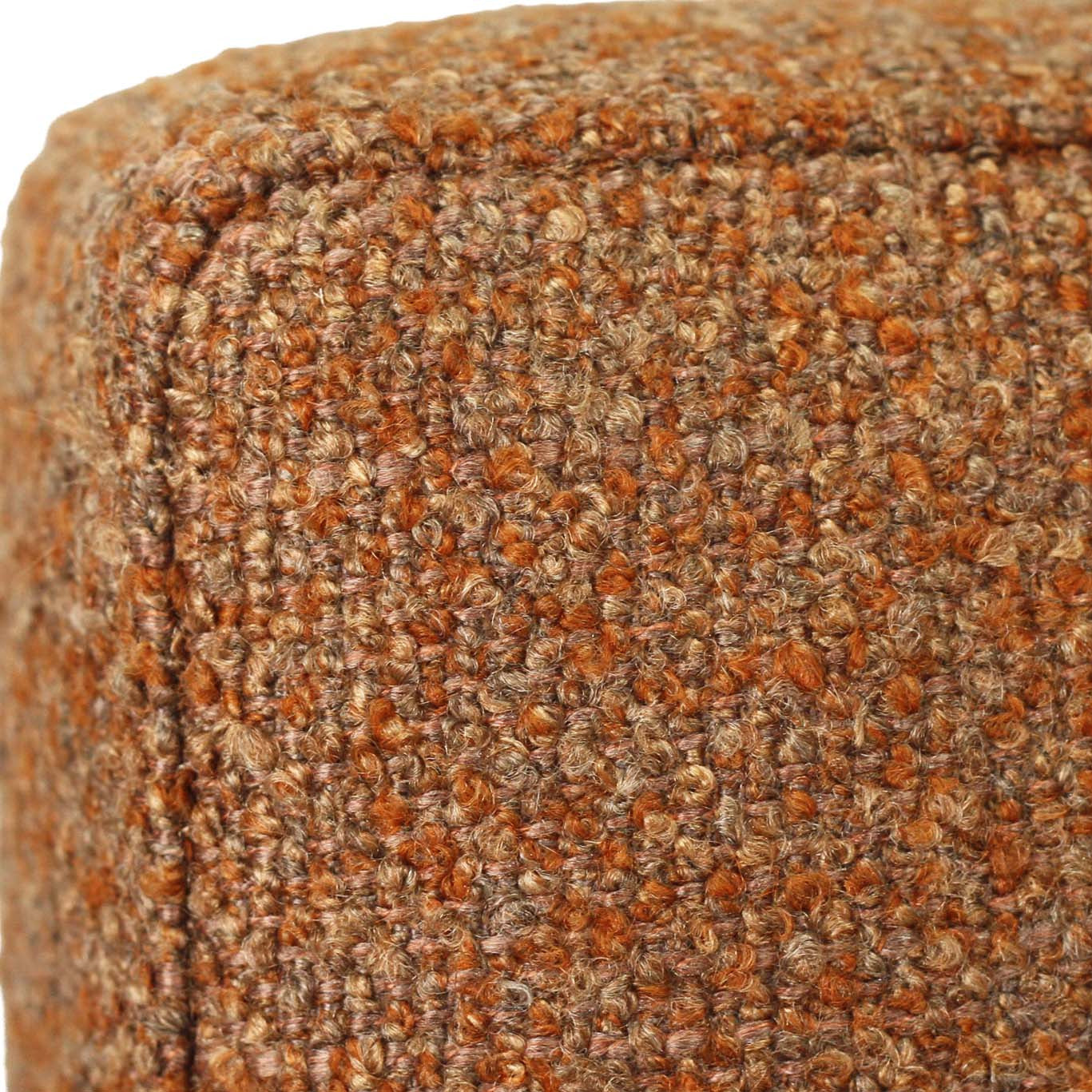 Close-up of a textured woven upholstery fabric in a mottled blend of rust orange, brown, beige, and gray.
