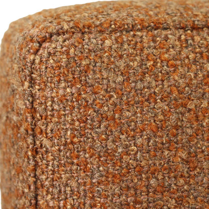Close-up of a textured woven upholstery fabric in a mottled blend of rust orange, brown, beige, and gray.