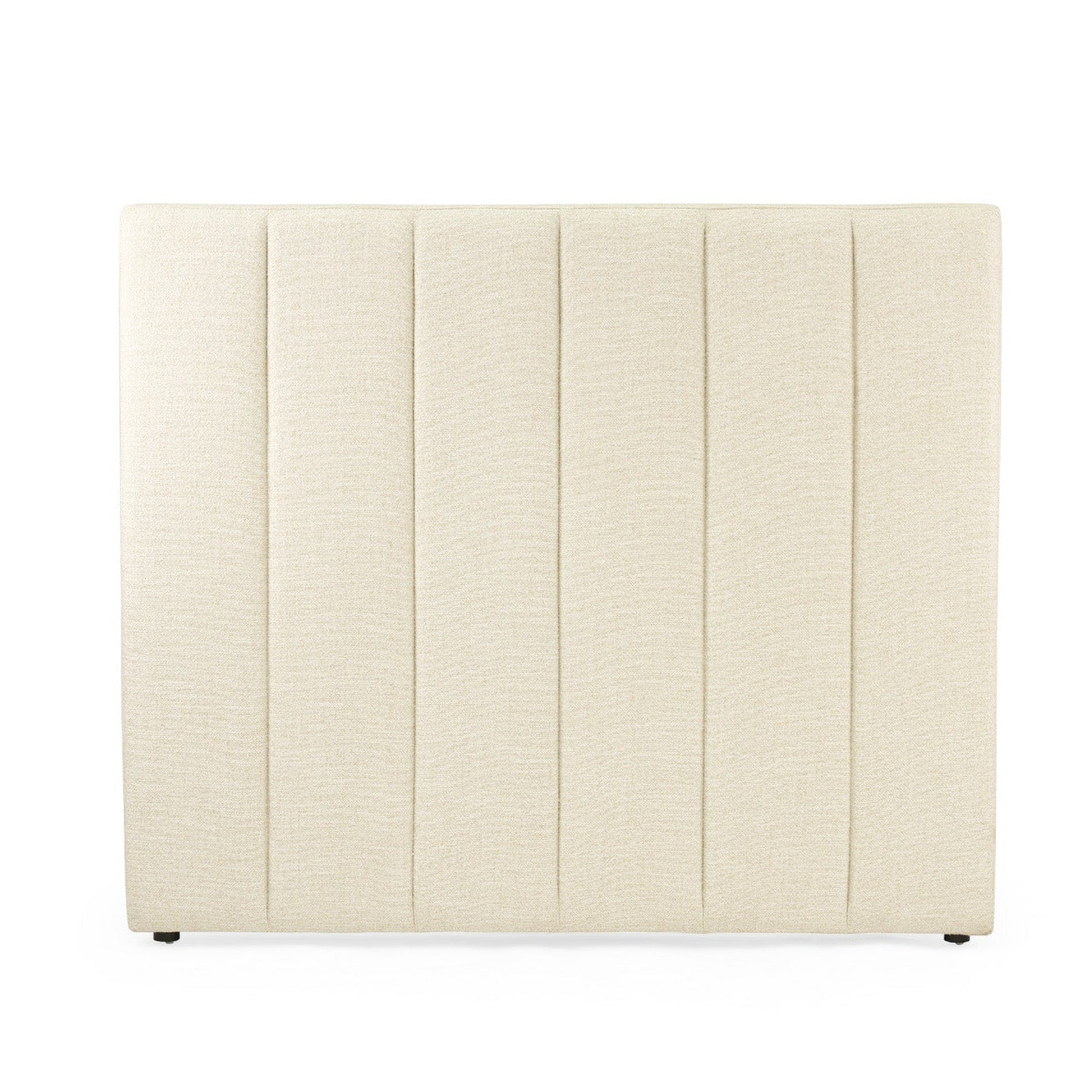 An upholstered rectangular headboard with vertical channel tufting, shown from the front on a plain white background.