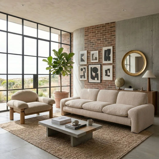 Modern living room with beige sofa, armchair, and coffee table in a well-lit room with large windows.