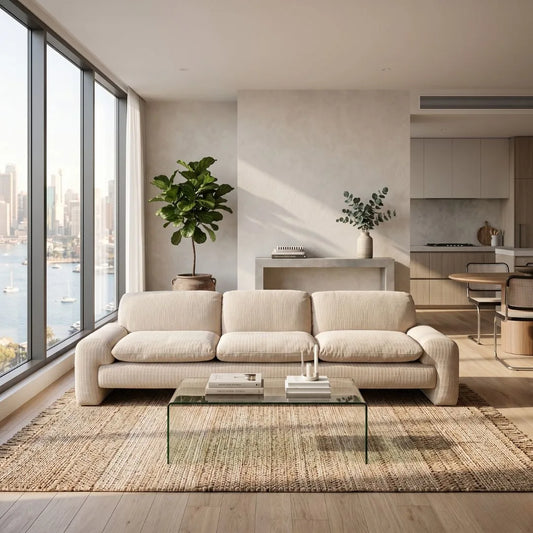 Modern living room with a beige sofa, glass coffee table, and city view.