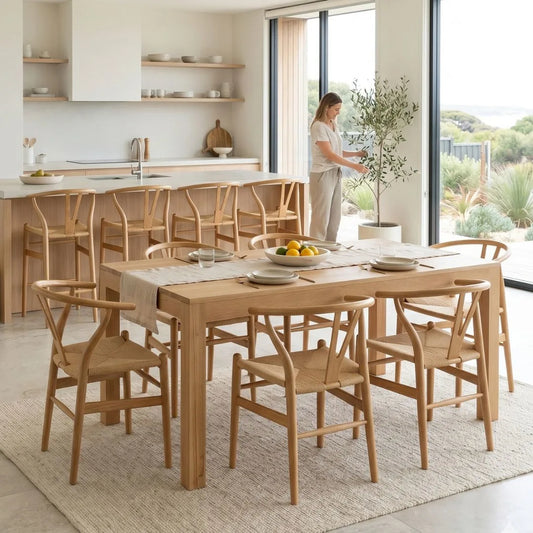 Modern kitchen with wooden dining table and chairs, and a woman in the background.