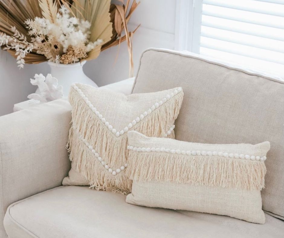 Amelia Shell Embellished Lumbar Cushion Cover 50x30cm - Handloomed Cotton with White Shells & Fringe Sun Republic 