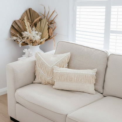 Amelia Shell Embellished Lumbar Cushion Cover 50x30cm - Handloomed Cotton with White Shells & Fringe Sun Republic 