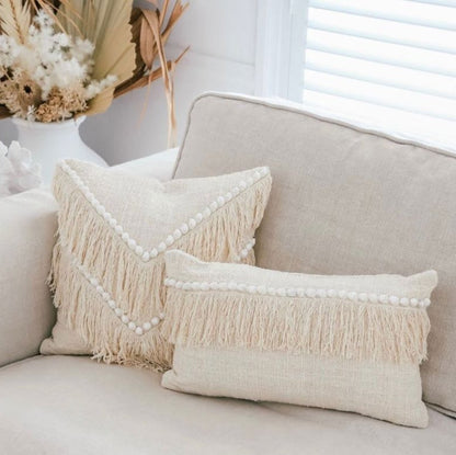 Amelia Shell Embellished Square Cushion Cover 45cm - Handloomed Cotton with White Shells & Fringe Sun Republic 