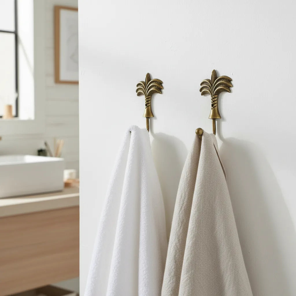 Brass palm tree hooks with white towels on a bathroom wall.