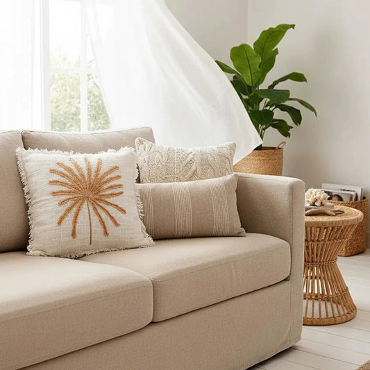 Beige sofa with decorative pillows in a bright living room